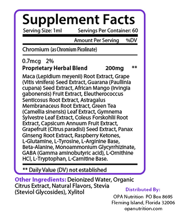 Supplement Facts of Keto Diet Drops - OPA Fast Ingredients